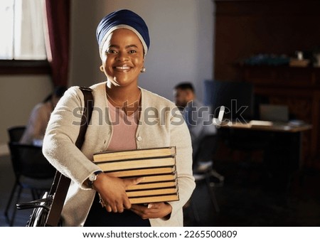 Law books, happy portrait and woman research legal work, office consultation or justice career study. Financial advisor, government consultant or African lawyer smile, knowledge or attorney education Royalty-Free Stock Photo #2265500809