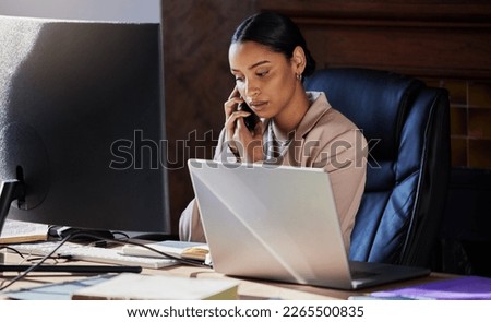 Phone call communication, legal office and woman talking to investment, law firm attorney or government justice contact. Receptionist conversation, business advocacy consultant and lawyer consulting Royalty-Free Stock Photo #2265500835