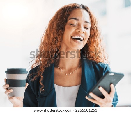 Phone, coffee and laughter with a business black woman laughing at a meme or joke on social media. Mobile, contact and humor with a funny female employee on the internet to enjoy happy comedy Royalty-Free Stock Photo #2265501253