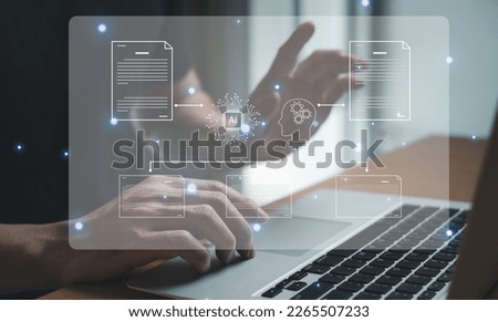 Selective focus at human hand while type or input a command to navigate chatbot or AI to get answer or information from big database. Artificial intelligence that can provide SEO or business info.