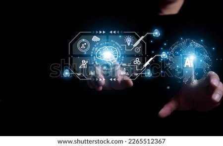 The concept of using AI or artificial intelligence to control and work around the world Businessman is finger tapping on Smart AI or Artificial Intelligence icon using Chatbot, artificial intelligence