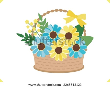 Flower basket of yellow and light blue flowers Royalty-Free Stock Photo #2265513123