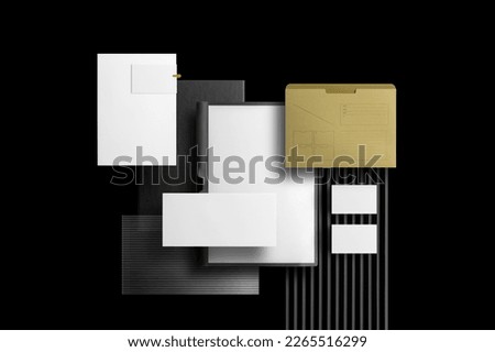 Branding stationery mockup template, top-up view, black background, real photo, business card, envelope, letterhead, folder. Blank isolated on a black background to place your design.