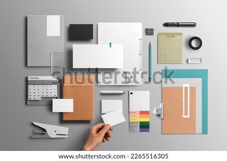 Branding stationery mockup template, with various stationery items and elements, real photo, business card, envelope. Blank isolated on a white background to place your design.
