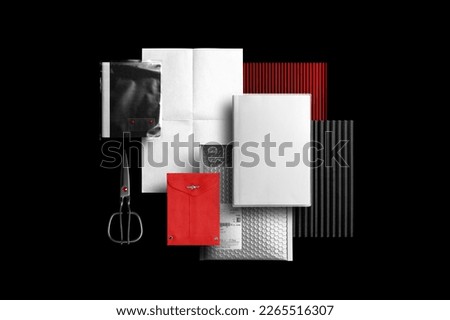 Branding stationery mockup template, top-up view, black background, real photo, business card, envelope, letterhead, notepad. Blank isolated on a black background to place your design.