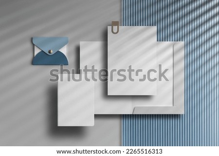 Branding stationery clean mockup template, with reeded glass elements, real photo, open folder, letterhead. Blank isolated on a white background to place your design.