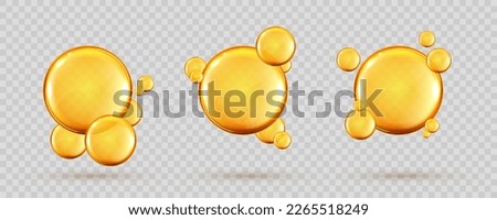 Set of golden drops of Omega three, six and nine. Polyunsaturated fatty acids Omega-3, Omega-6, Omega-9. Natural fish oil, organic vitamin, nutrients. Omega fatty acids. Vector realistic capsules Royalty-Free Stock Photo #2265518249