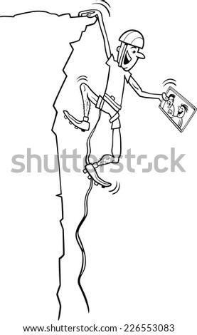 Black and White Cartoon Vector Humorous Illustration of a Climber Man watching Movie on Tablet PC for Coloring Book