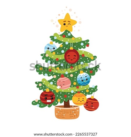 Christmas tree with cute toys. Cartoon vector illustration for children