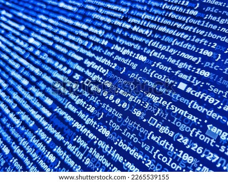 Abstract screen of web developer. Web abstract programming and created virus on laptop screen. PHP syntax high. Web development code: CSSLESS styles preprocessor script lines. Application binary code
