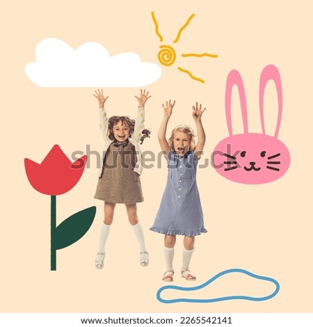 Creative collage with happy kid, children having fun, playing over light background with drawings, doodles and illustration elements. Spring, happiness, carefree childhood concept