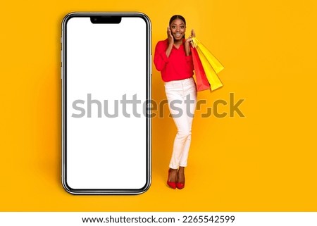 Full size photo of young stunning girl wow discount shopping mall new collection isolated over yellow color background