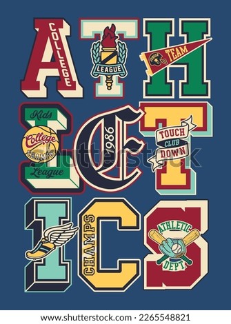 College athletic department embroidery letters patchwork vintage vector artwork for boy shirt sport patches mix collection Royalty-Free Stock Photo #2265548821