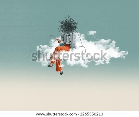 Creative design in retro style. Contemporary art collage. Woman sitting on fluffy cloud with tangled head. Conversation. Concept of surrealism, creativity, inspiration, imagination, psychology
