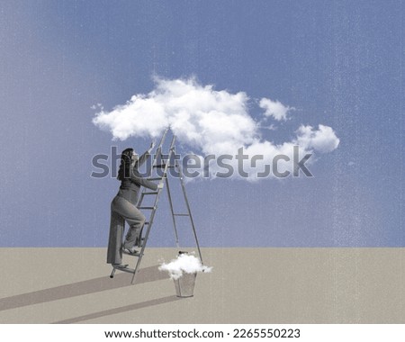 Creative design in retro style. Contemporary art collage. Young woman climbing up the stairs into fluffy clouds. Fantasy of youth. Concept of surrealism, creativity, inspiration, imagination