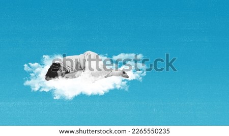 Creative design in retro style. Contemporary art collage. Young woman sleeping on cloud ver blue background. Dreams, relaxation. Concept of surrealism, creativity, inspiration, imagination. Ad, text