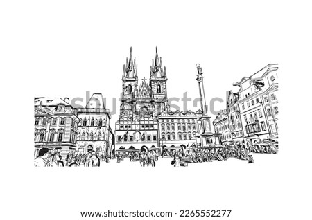 Building view with landmark of Prague is the 
capital of the Czech Republic. Hand drawn sketch illustration in vector.