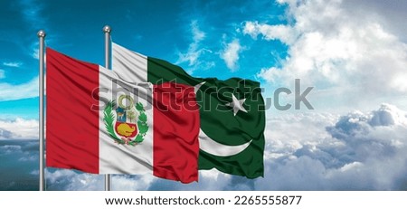 Flags of Pakistan and Peru friendship flag waving on the sky with beautiful Sky background.