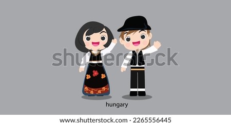 hungary republc in national dress with a flag. Man and woman boy in traditional costume. Travel hungary  . People.illustrationa