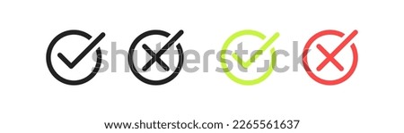 Voting buttons. Red, green, right, wrong. can, can't, yes, no, flat, line, black, accept, reject, flag, false, true, mark. absence, close, approve. Interactive concept. Vector flat reaction icons. Royalty-Free Stock Photo #2265561637