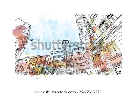 Building view with landmark of Prague is the 
capital of the Czech Republic. Watercolor splash with hand drawn sketch illustration in vector.