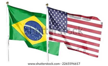 Brazil flag with American flag on cloudy sky. waving in the sky