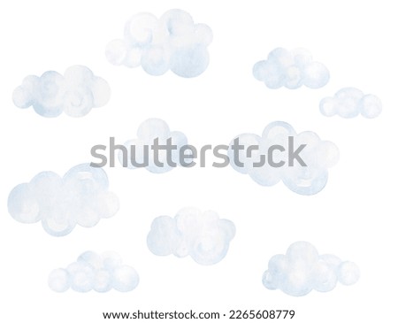 Light Blue Clouds Set. Watercolor. Isolated elements on White background