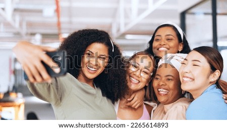 Selfie, office and business women smartphone for social media post, website about us and profile picture update of diversity. Workplace culture, gen z and peace sign of employees in phone photography