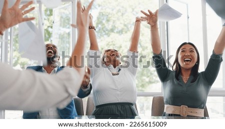 Business people, throw paperwork and celebrate achievement or corporate success. Teamwork, goals celebration and documents in air for happy, excited employees and smile together or applause in office