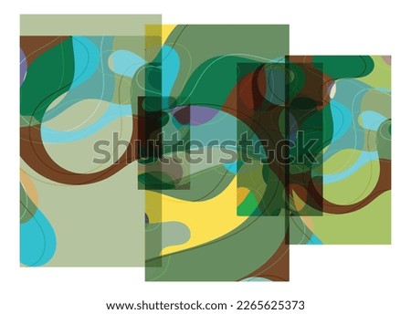 Abstract shape made of overlapping rectangular cards with art terrazzo pattern and wavy shapes and lines in earthy natural colors. Isolated on white.