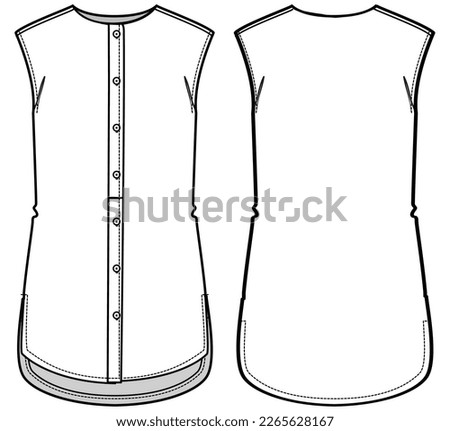 Women Tunic shirt blouse dress design with band collar flat sketch fashion illustration with front and back view, Sleeveless Kurtha shirt dress cad technical drawing vector template Royalty-Free Stock Photo #2265628167
