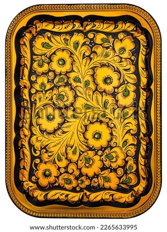 Black Gold Old Rectangle Square decorative russian folk handpainted metal tray with floral color pattern on white. Use for interior design.