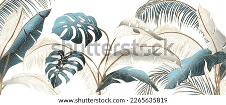 Abstract luxury tropical art background with palm leaves and monstera in gold and blue. Botanical banner for decor, print, textile, wallpaper, interior design.
