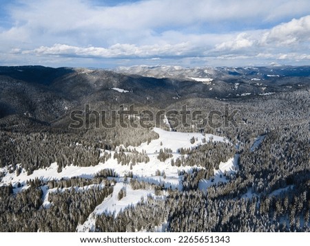 Aerial winter view of Rhodope Mountains around village of Stoykite and Pamporovo, Smolyan Region, Bulgaria