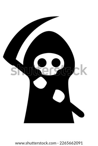 Cute Grim reaper - a funny cartoon skeleton death in a black cloak with a hood and a scythe, black and white vector illustration on white background