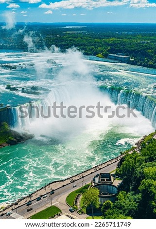 Horseshoe Fall, Niagara Gorge and boat in mist, Niagara Falls, Ontario, Canada. High quality photo