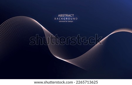 Abstract gold wave lines on blue gradient background. Element for design. Digital frequency track equalizer. Stylized line art. Colorful shiny waves. Trendy color. Curved wavy smooth stripe. Vector.