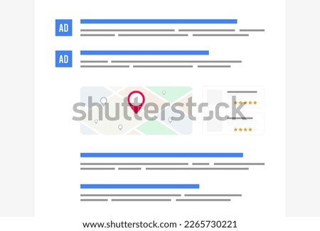 Text-based ads, paid, organic and local search results on search engine results page. Improve online visibility and website ranking. Royalty-Free Stock Photo #2265730221
