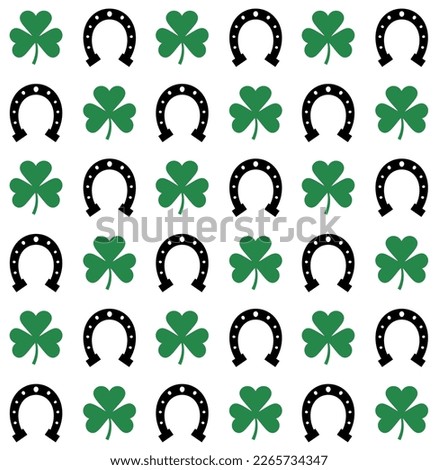 Vector seamless pattern of flat horse shoe and trefoil shamrock isolated on white background