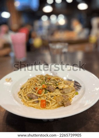This is a picture of spaghetti in a popular restaurant in Sepang, Malaysia