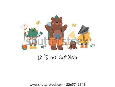 Cute cartoon Summer Camping. Adventure, tourist areas, camp and bear, frog, badger. Colorful vector outdoor illustration in flat cartoon style.