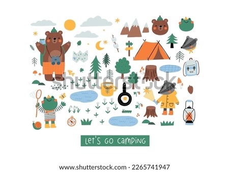 Cute cartoon Summer Camping. Adventure, tourist areas, camp and bear, frog, badger. Colorful vector outdoor illustration in flat cartoon style. Royalty-Free Stock Photo #2265741947