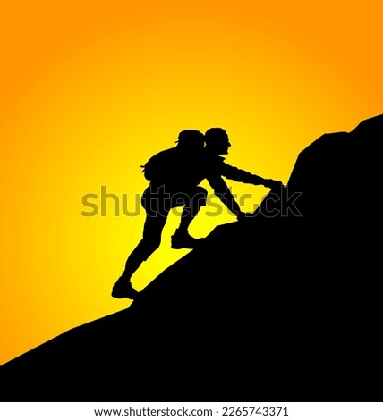 Silhouette of a mountain climber traverse up a steep hill with a heavy backpack against crepuscular light for the concept of determination. Vector illustration.  Royalty-Free Stock Photo #2265743371