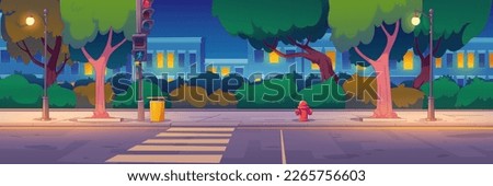 Night city street with buildings, traffic lights at crosswalk for pedestrian safety. Vector illustration of contemporary cartoon houses, empty road and sidewalk, trees and bushes, evening illumination Royalty-Free Stock Photo #2265756603
