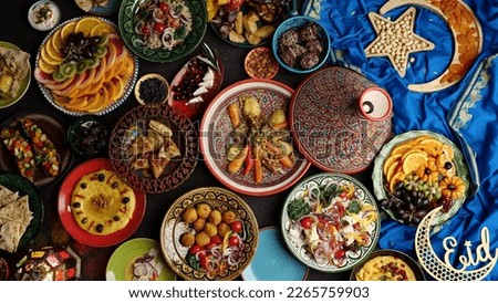 Ramadan halal food. Eid table setting. Hummus, Moroccan traditional cuisine. Authentic local homemade traditional meals. High quality photo Royalty-Free Stock Photo #2265759903