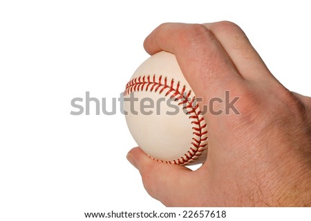 Closeup of hand holding baseball in curveball grip isolated on white