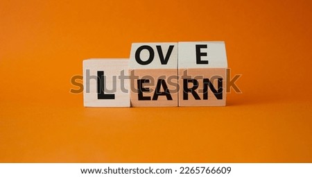 Love and Learn symbol. Turned wooden cubes with words Learn and Love. Beautiful orange background. Lifestyle and Love and Learn concept. Copy space.