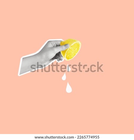 Contemporary art collage of hand holding lemon. Sprinkle it with lemon juice. Modern design. Copy space for ad. Royalty-Free Stock Photo #2265774955