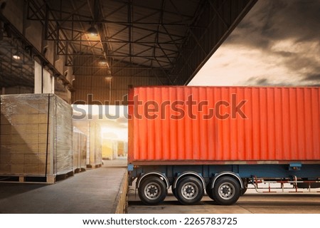 Container Trailer Trucks Parked Loading at Dock Warehouse. Delivery Truck. Package Boxes Shipment. Distribution Warehouse. Supply Chain. Freight Trucks Logistics Cargo Transport	
 Royalty-Free Stock Photo #2265783725