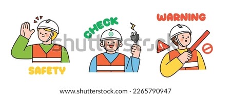 Cute human character explaining construction site safety rules. Safety, checklist, danger warning.